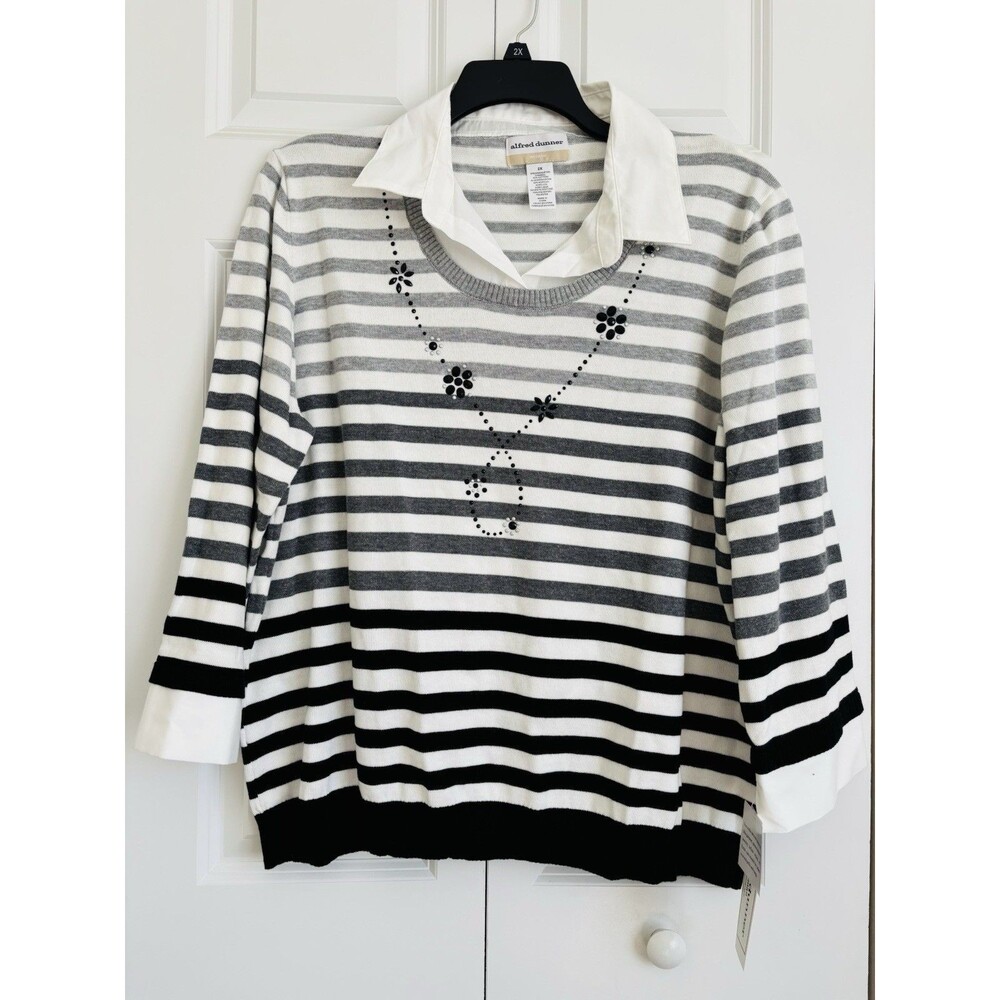 ALFRED DUNNER WOMEN'S TOPS PLUS SIZE 2X STRIPED SWEATER WITH FAUX SHIRT 3/4 SLEE